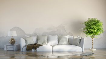 Wasserschaden im einem Haus nach Überschwemmung mit Wasserflecken an der Wand